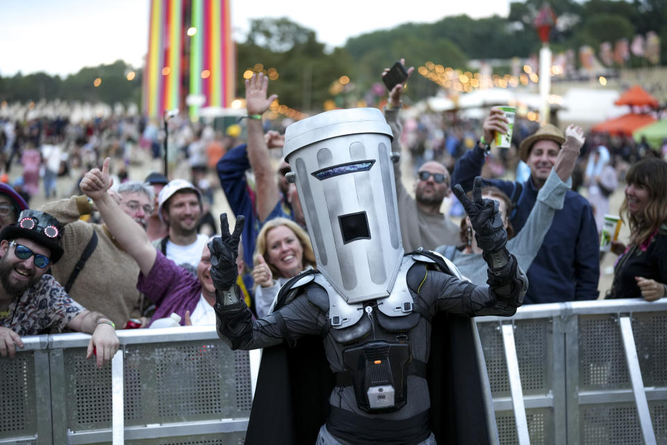 Count Binface, a candidate in Britain's upcoming general election, poses for photographers during the Glastonbury Festival in Worthy Farm, Somerset, England, Saturday, June 29, 2024. (Scott A Garfitt/Invision/AP)