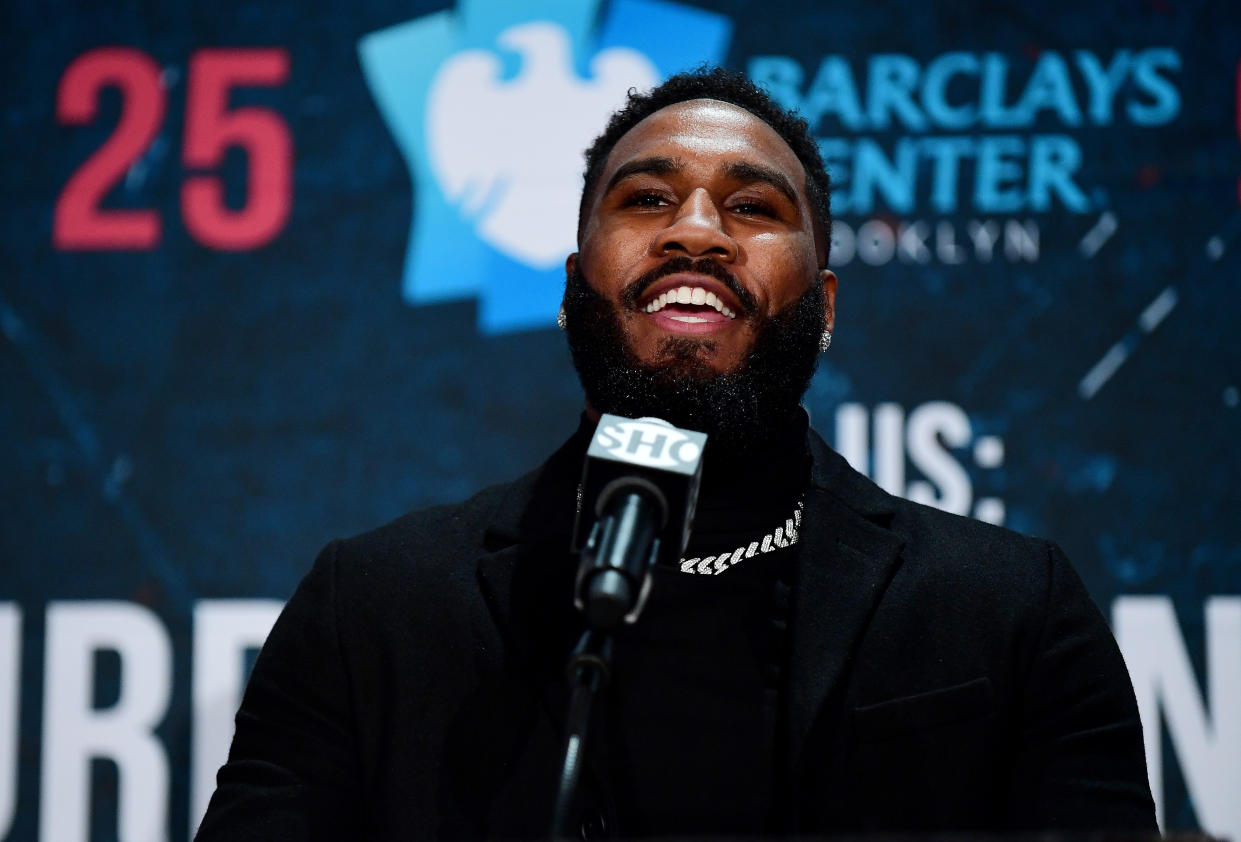 NEW YORK, NEW YORK - DECEMBER 18: Jarrett Hurd of the United States speaks at a press conference for his upcoming super welterweight fight against Francisco Santana at Barclays Center on December 18, 2019 in New York City. Hurd will fight Santana on January 25 at Barclays Center.  (Photo by Emilee Chinn/Getty Images)