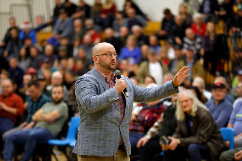 FILE PHOTO: Peter Downing one of the organizers of a rally for Wexit Alberta, a separatist group seeking federal political party status, speaks to a full house in Calgary