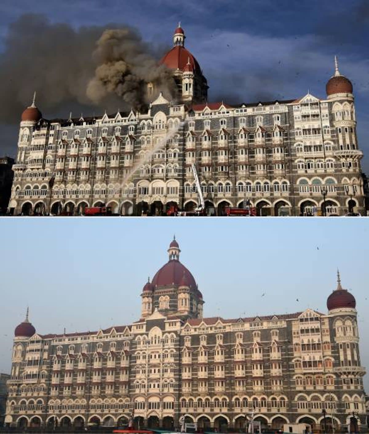 This combination of pictures created on 21 November 2018 shows fire and smoke billowing out of the Taj Mahal Palace Hotel in Mumbai during an attack by militants on 27 November2008 (AFP via Getty Images)
