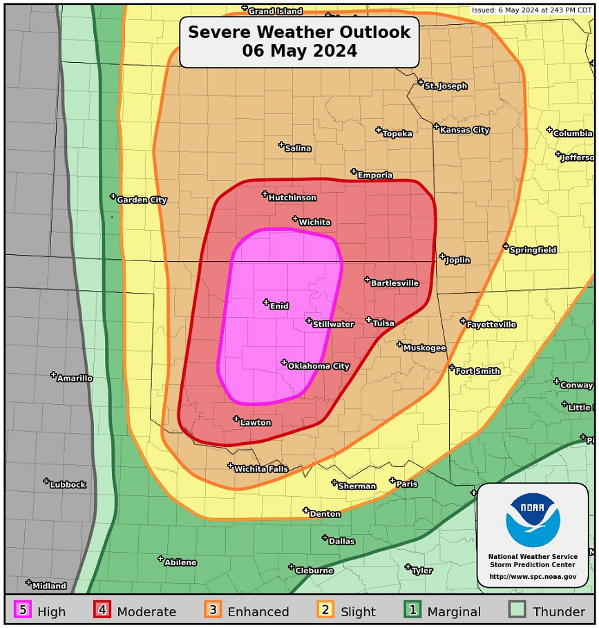 Severe weather outlook from the National Weather Service Storm Prediction Center at 2:43 p.m. Central Time on May 6, 2024.