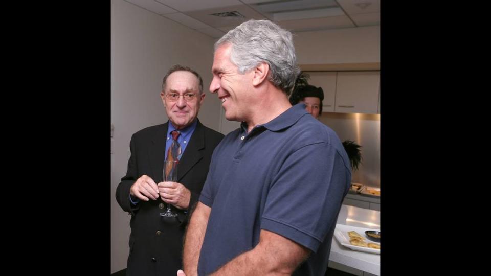 On Sept. 9, 2004, Jeffrey Epstein (foreground) hosted a dinner at Harvard University. With him was Alan Dershowitz. Also present but not pictured: Lawrence Summers, university president.