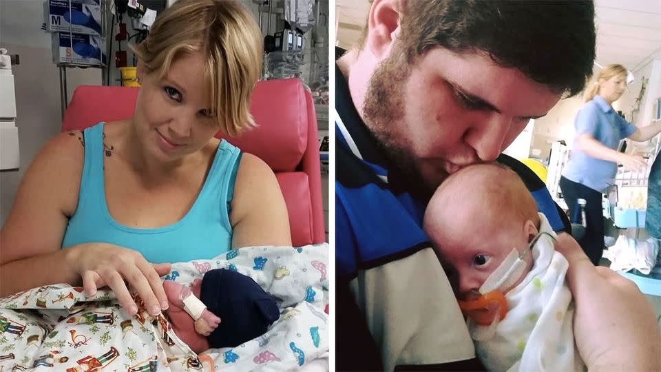 After a long two weeks, Holly Hodgson (left) and Stephen Hodgson (right) are pictured holding their beautiful little boy Teddy. Photo: Supplied