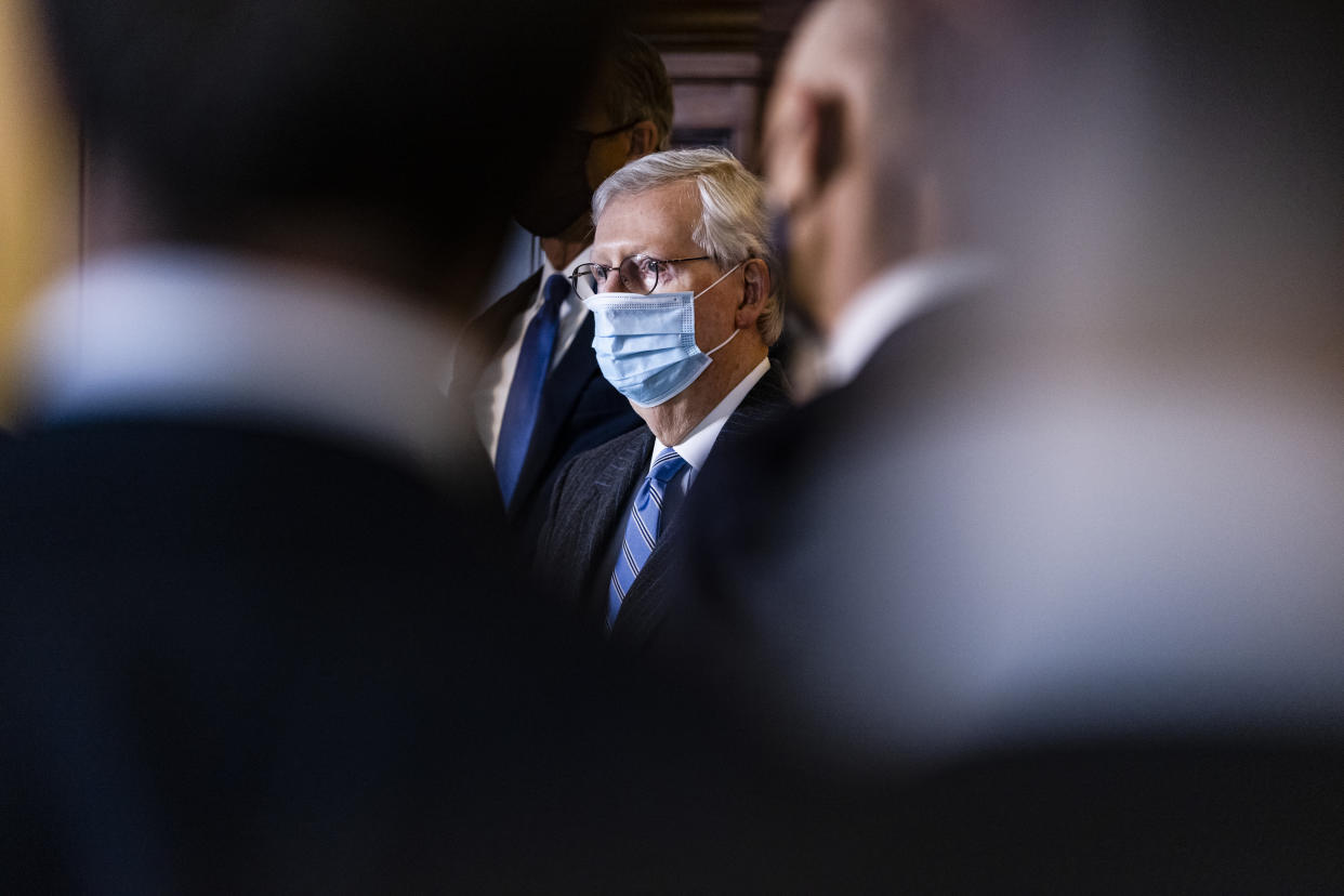 Senate Minority Leader Mitch McConnell, R-Ky., appears at a press conference following the Senate GOP policy luncheon last month. (Photo by Samuel Corum/Getty Images)