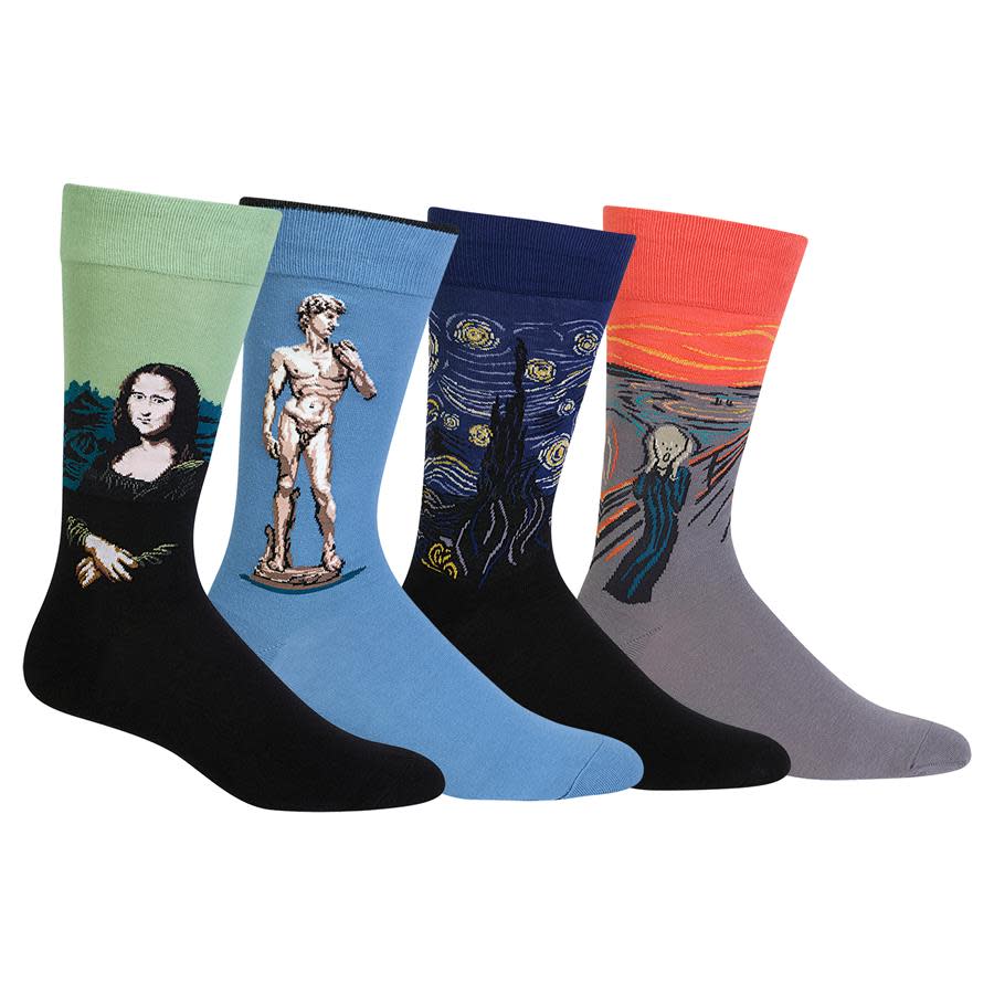 <p>Hotsox men’s museum collection, $40. Available on <a rel="nofollow noopener" href="https://www.hotsox.com/mens-museum-collection-socks.aspx" target="_blank" data-ylk="slk:hotsox.com;elm:context_link;itc:0;sec:content-canvas" class="link ">hotsox.com</a> </p>