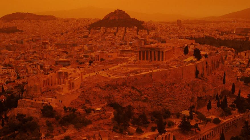 A dust cloud from the Sahara Desert in Africa covers the Acropolis on April 23, 2024 in Athens, Greece.