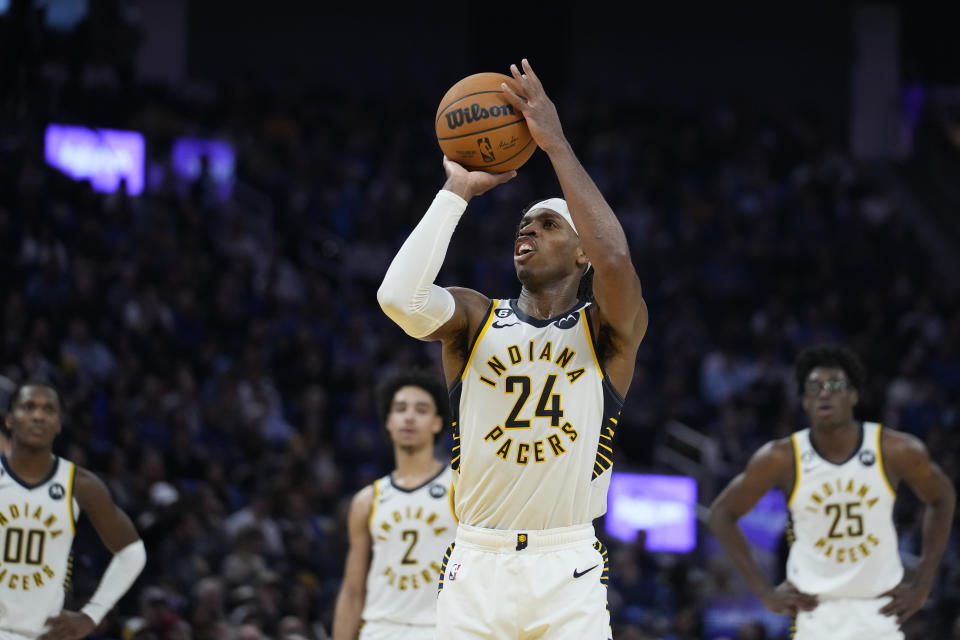 Indiana Pacers forward Buddy Hield (24) shoots a free throw against the Golden State Warriors during the first half of an NBA basketball game in San Francisco, Monday, Dec. 5, 2022. (AP Photo/Godofredo A. V&#xe1;squez)