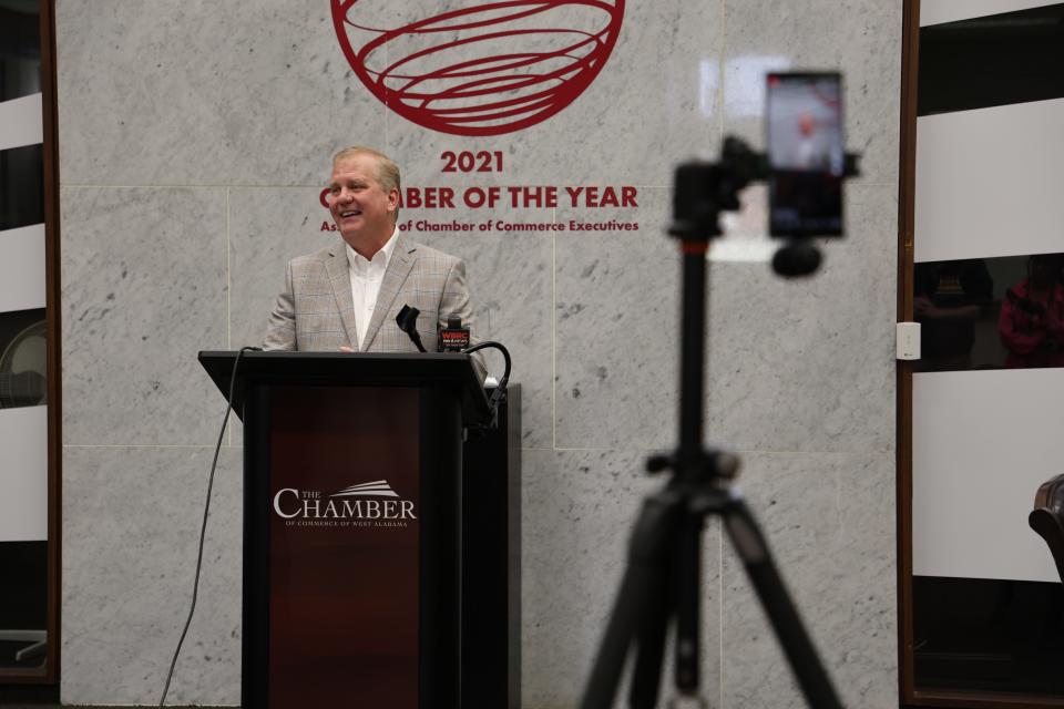 Donny Jones, executive director of West AlabamaWorks, speaks Tuesday at a news conference where West AlabamaWorks was honored by the Carnegie Corporation with a Profiles in Collective Leadership Award.