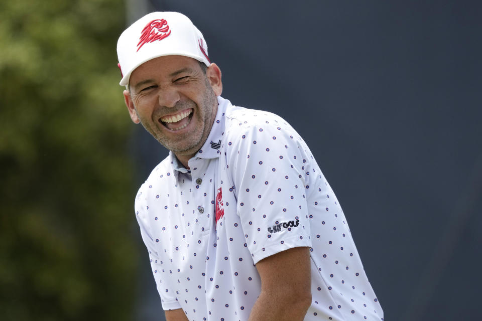 Sergio Garcia reacts as he prepares to hit from the fifth tee during a practice round of the U.S. Open golf tournament at Los Angeles Country Club, Monday, June 12, 2023, in Los Angeles. (AP Photo/Marcio Jose Sanchez)