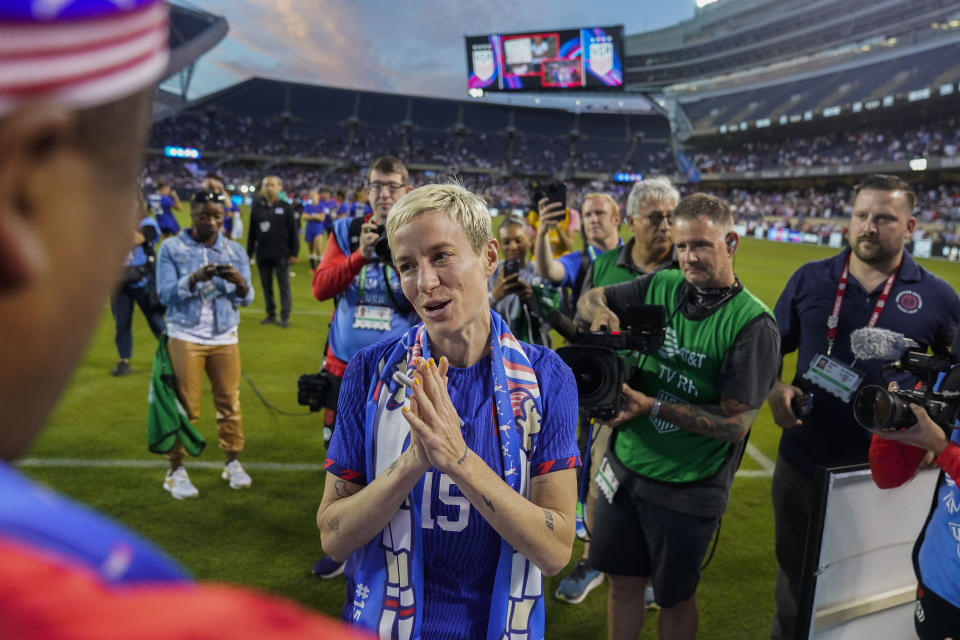 United States forward Megan Rapinoe signs autographs for fans after a soccer game against South Africa, Sunday, Sept. 24, 2023, in Chicago. (AP Photo/Erin Hooley)