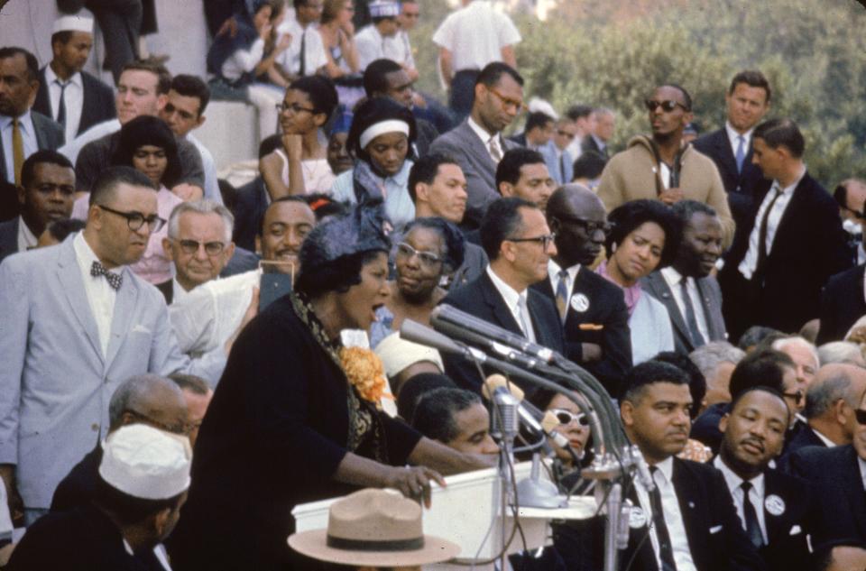 American singer Mahalia Jackson sings at the March on Washington for Freedom and Jobs on the steps of the Lincoln Memorial in Washington D.C. on Aug. 28, 1963. 