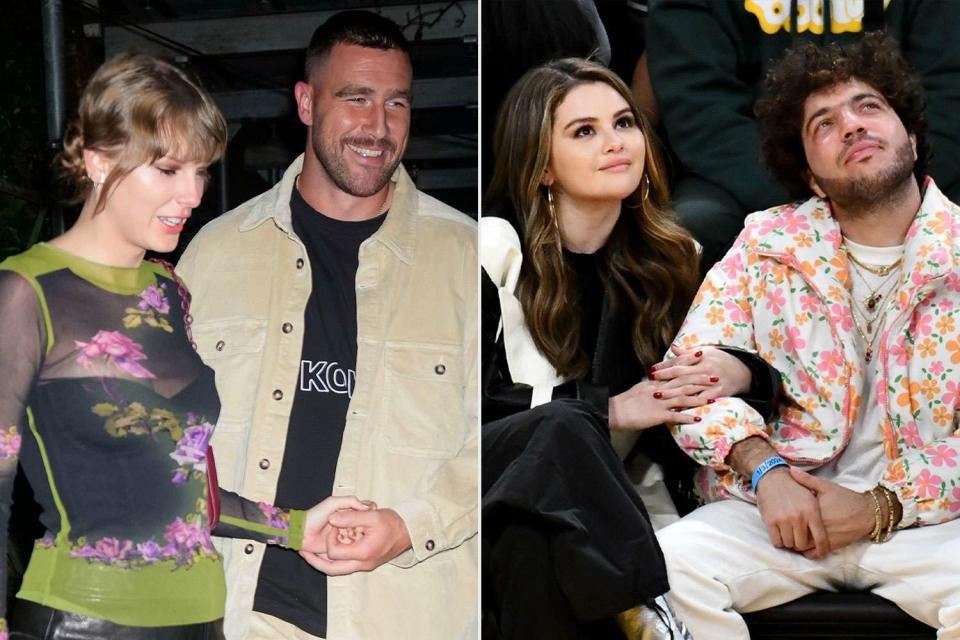 <p>getty (2)</p> Taylor Swift, Travis Kelce, Selena Gomez and Benny Blanco