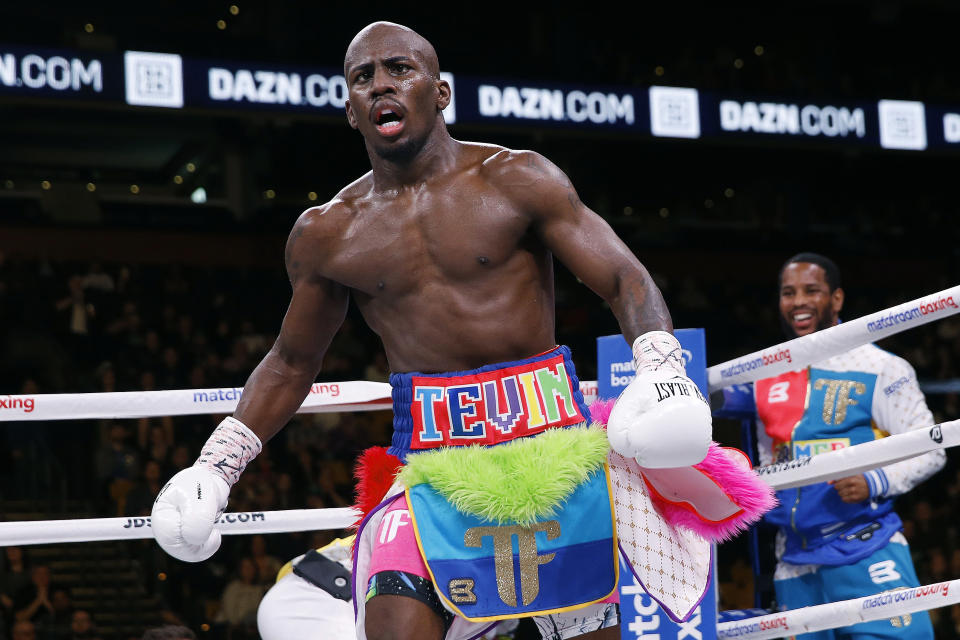 Tevin Farmer reacts after defeating James Tennyson in a TKO during an IBF super featherweight boxing match in Boston, Saturday, Oct. 20, 2018. (AP Photo/Michael Dwyer)