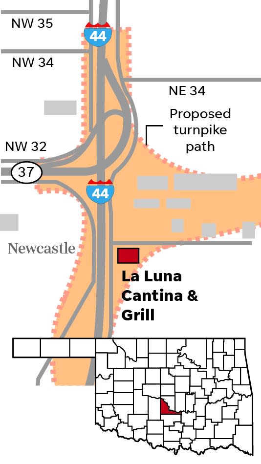 Preliminary maps released by the Oklahoma Turnpike Authority for the ACCESS Oklahoma project show the broad pathways of a planned Kilpatrick Turnpike expansion passing through the business zone that La Luna Cantina & Grill occupies.