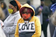 People gather for a peaceful demonstration, Thursday, April 22, 2021, in Elizabeth City, N.C., protesting the shooting of Andrew Brown Jr., 42, by a deputy sheriff trying to serve a search warrant. (AP Photo/Gerry Broome)