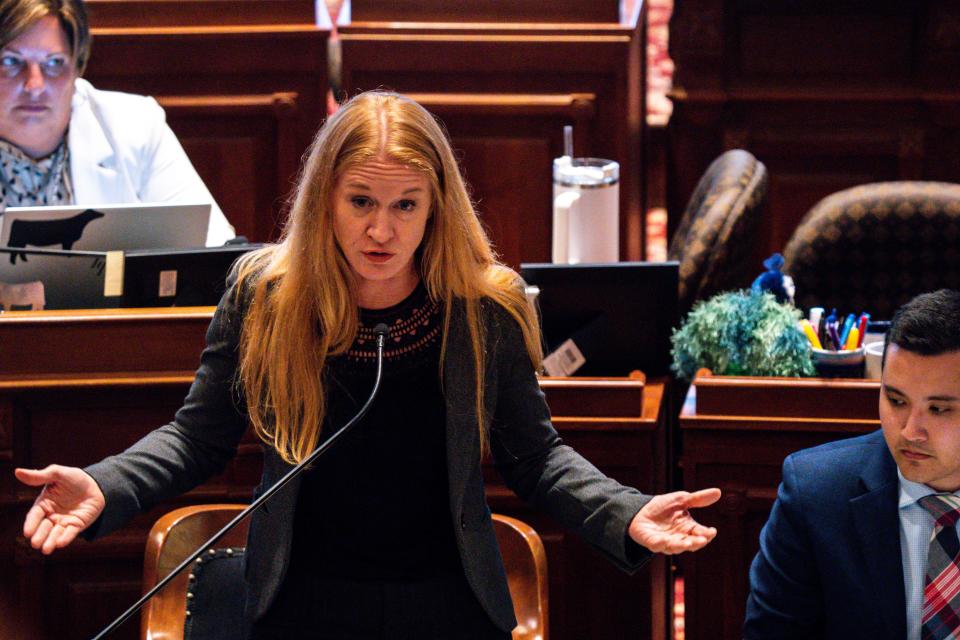 Sen. Amy Sinclair, R-Allerton, speaks during debate of amendments for SF 579, a 'fetal heartbeat' abortion ban, at the Iowa State Capitol on Tuesday, July 11, 2023, in Des Moines. 