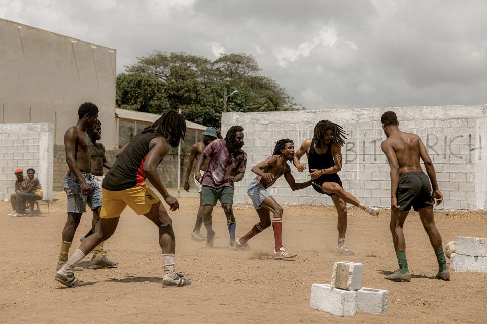 Pick-up soccer was a passion for Bob Marley. Here, cast members replicate a game with Kingsley Ben-Adir (as Marley).