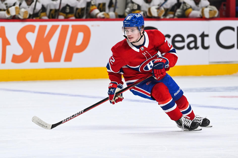 MONTREAL, QC - JUNE 24: Montreal Canadiens right wing Cole Caufield (22) tracks the play during the NHL Stanley Cup Playoffs Semifinals game 6 between the Las Vegas Golden Knights versus the Montreal Canadiens on June 24, 2021, at Bell Centre in Montreal, QC (Photo by David Kirouac/Icon Sportswire via Getty Images)