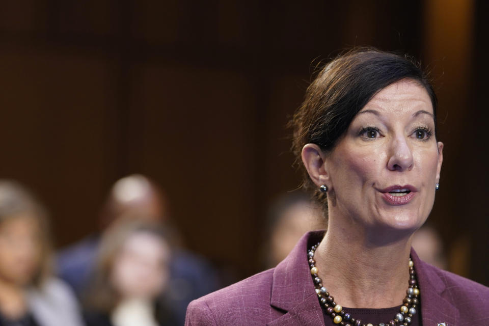 Colette Peters, director of the Federal Bureau of Prisons, right, speaks during the Senate Judiciary Committee oversight hearing, Thursday, Sept. 29, 2022, on Capitol Hill in Washington. (AP Photo/Mariam Zuhaib)