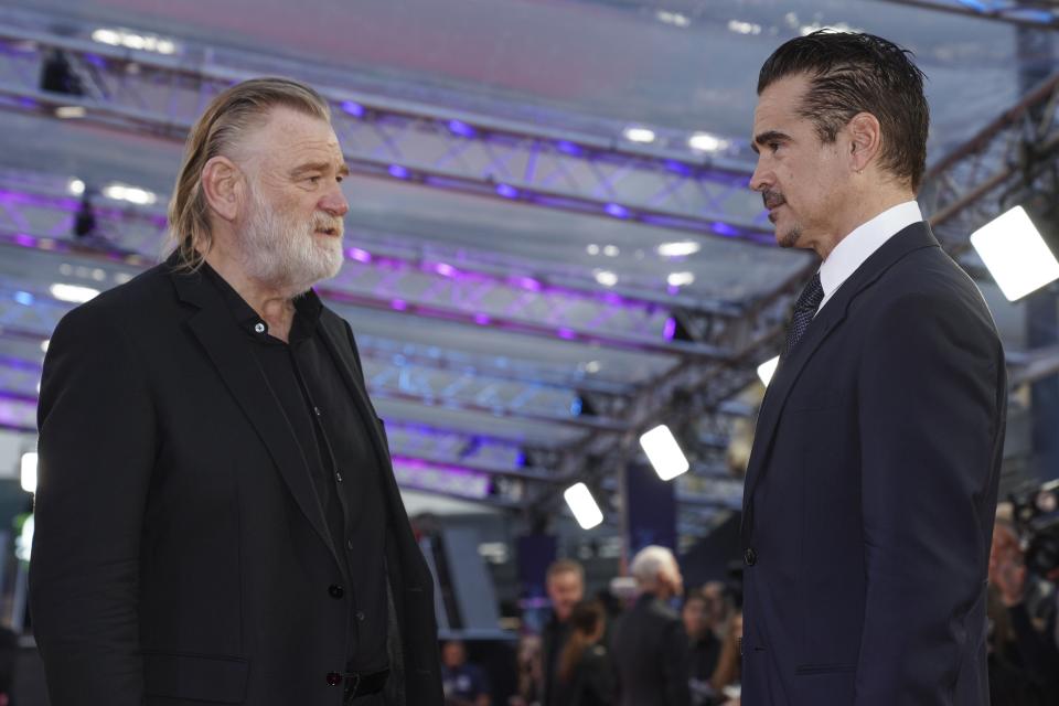 Brendan Gleeson, left, and Colin Farrell pose for photographers upon arrival for the premiere of the film 'The Banshees of Inisherin' during the 2022 London Film Festival in London, Thursday, Oct. 13, 2022. (Photo by Scott Garfitt/Invision/AP)