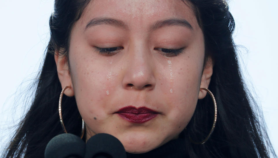 Los Angeles student Edna Chavez cries as she speaks about the shooting death of her 14-year-old brother as she addresses students and gun control advocates during the "March for Our Lives".&nbsp;