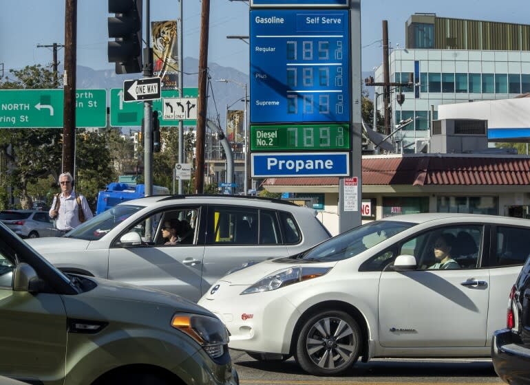 LOS ANGELES, CA-JUNE 1, 2022:The price of gasoline approaches close to $8 a gallon at the Chevron gas station located at the intersection of Cesar. E. Chavez Ave. and Alameda Street in downtown Los Angeles. (Mel Melcon / Los Angeles Times)