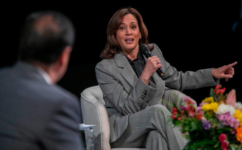 Vice President Kamala Harris speaks during a panel discussion on small businesses in the Fletcher Theatre at the Duke Energy Performing Arts on Monday, January 30, 2023 in Raleigh, N.C.