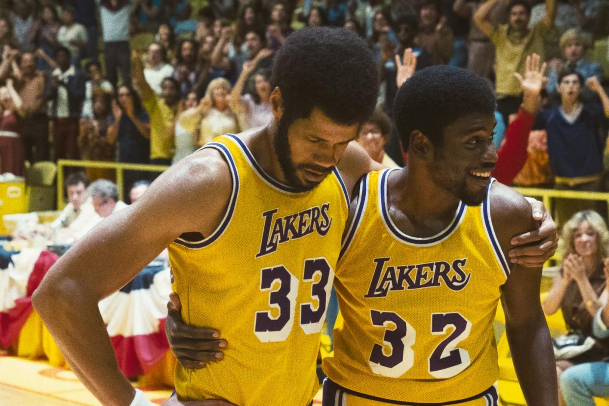 solomon hughes as kareem abdul jabar and quincy isaiah as magic johnson