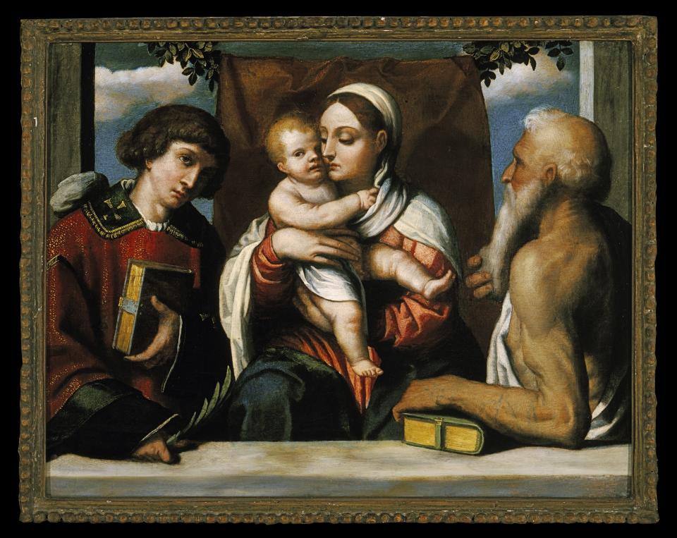 Moretto da Brescia (Italian, about 1498–1554), Virgin and Child with Saints Stephen and Jerome, 1550, oil on wood panel, Lent by The Samuel H. Kress Foundation, Columbia Museum of Art, Columbia, South Carolina, CMA 1954.33