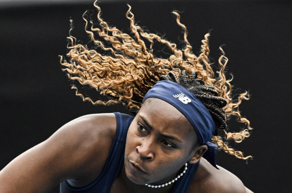 Coco Gauff of the United States serves to compatriot Emma Navarro during their semifinal match at the ASB Tennis Classic in Auckland, New Zealand, Saturday, Jan. 6, 2024. (Andrew Cornaga/Photosport via AP)