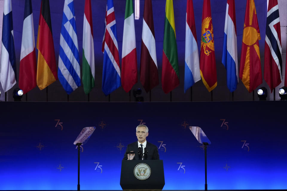 NATO Secretary General Jens Stoltenberg speaks during an event commemorating the 75th Anniversary of NATO at the Andrew W. Mellon Auditorium on the sidelines of the NATO summit in Washington on Tuesday, July 9, 2024. (AP Photo/Susan Walsh)