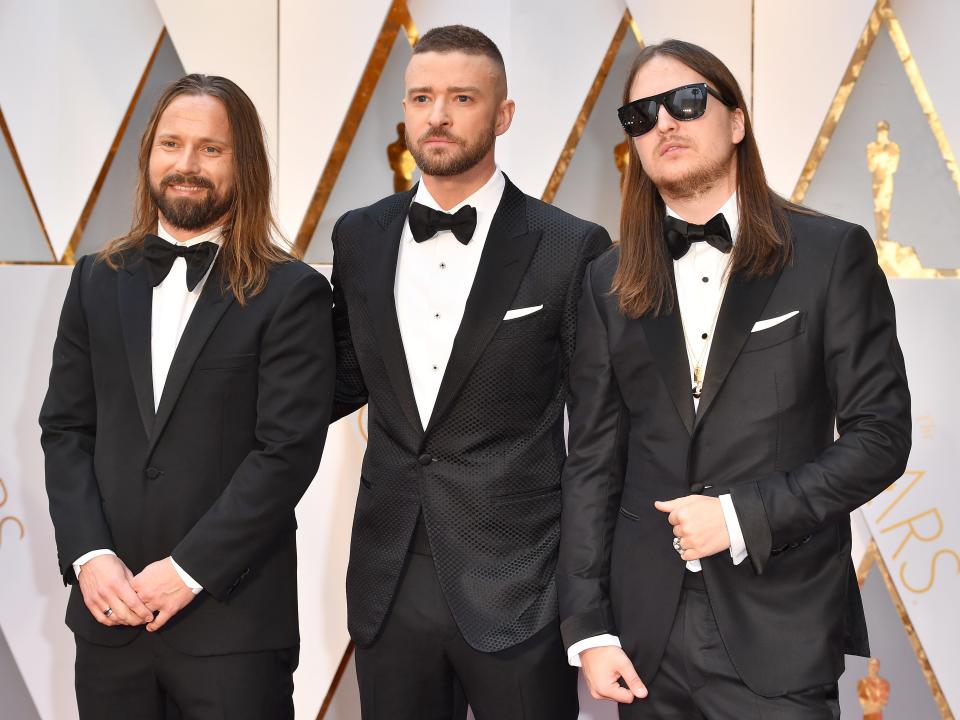 Max Martin (left) poses with Justin Timberlake (middle) and producer Karl Johan Schuster (right) at the 2017 Academy Awards.