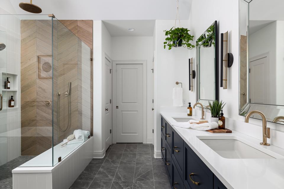 The renovated bathroom in this home in Louisville boasts a spa-like feel.