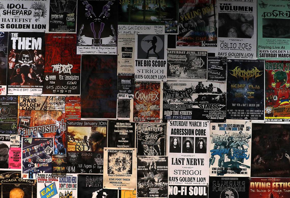 Handbills from music bands performances cover a wall inside the renovated Ray’s Golden Lion in Richland. Bob Brawdy/bbrawdy@tricityherald.com