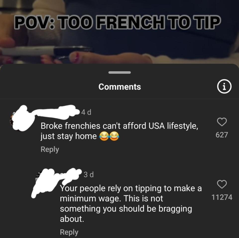 The image shows a smartphone screen displaying a social media post with the title "POV: TOO FRENCH TO TIP" and comments debating tipping culture
