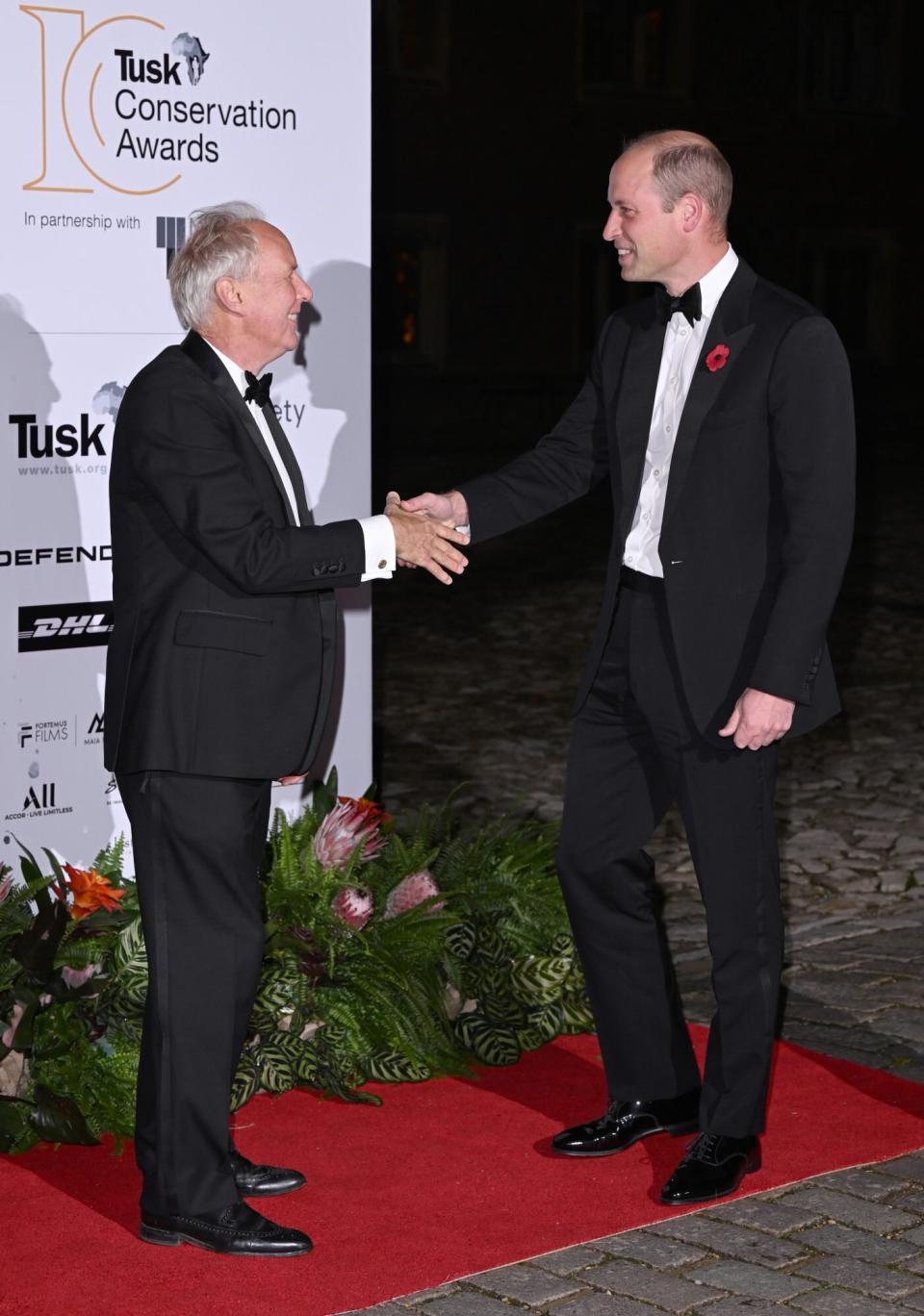 LONDON, ENGLAND - NOVEMBER 01: Prince William, Prince of Wales (R) attends the Tusk Conservation Awards 2022 at Hampton Court Palace on November 01, 2022 in London, England. (Photo by Jeff Spicer/Getty Images)