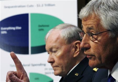 U.S. Secretary of Defense Chuck Hagel (R) and Chairman of the Joint Chiefs of Staff U.S. Army General Martin Dempsey (L) testify before the Senate Armed Services Committee on Capitol Hill in Washington March 5, 2014. REUTERS/Gary Cameron