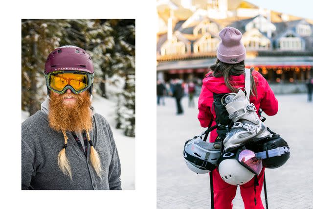 <p>Kari Medig</p> From left: Instructor Ryan Colpitts; toting ski gear through Whistler Village.