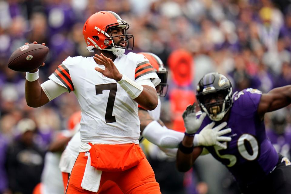 Cleveland Browns quarterback Jacoby Brissett (7) throws from the pocket as Baltimore Ravens linebacker Justin Houston (50) applies pressure in the first half of an NFL football game, Sunday, Oct. 23, 2022, in Baltimore. (AP Photo/Julio Cortez)