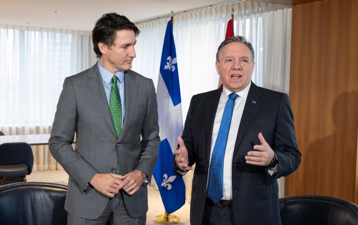 Prime Minister Justin Trudeau attends a bilateral meeting with Quebec Premier Francois Legault in Montreal on March 15, 2024. The government of Canada is tracking U.S. concerns about Quebec's new language law, a federal official confirmed. (Christinne Muschi/The Canadian Press - image credit)