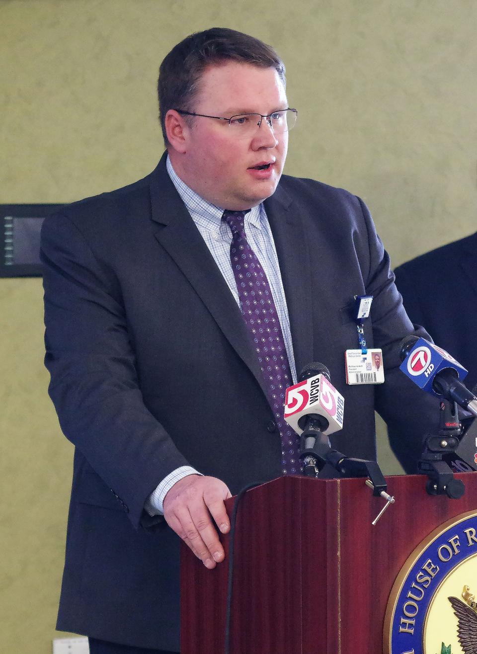 Good Samaritan Medical Center President Matthew Hesketh answers a question at the press conference at the hospital on Wednesday, Feb. 21, 2024. The hospital's owner, Steward Health Care, which owns eight other hospitals in Massachusetts, including Morton in Taunton and Saint Anne's in Fall River, is in an ongoing financial crisis.