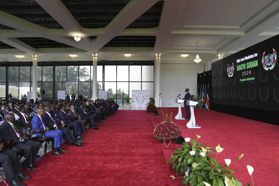 Kenyan President William Ruto gives an address during the launch of high-level meditation talks for South Sudan at State House, in Nairobi, Kenya, on Thursday, May 9, 2024. High-level mediation talks on South Sudan were launched in Kenya with African presidents in attendance calling for an end to a conflict that has crippled the country's economy for years. (AP Photo/Brian Inganga)
