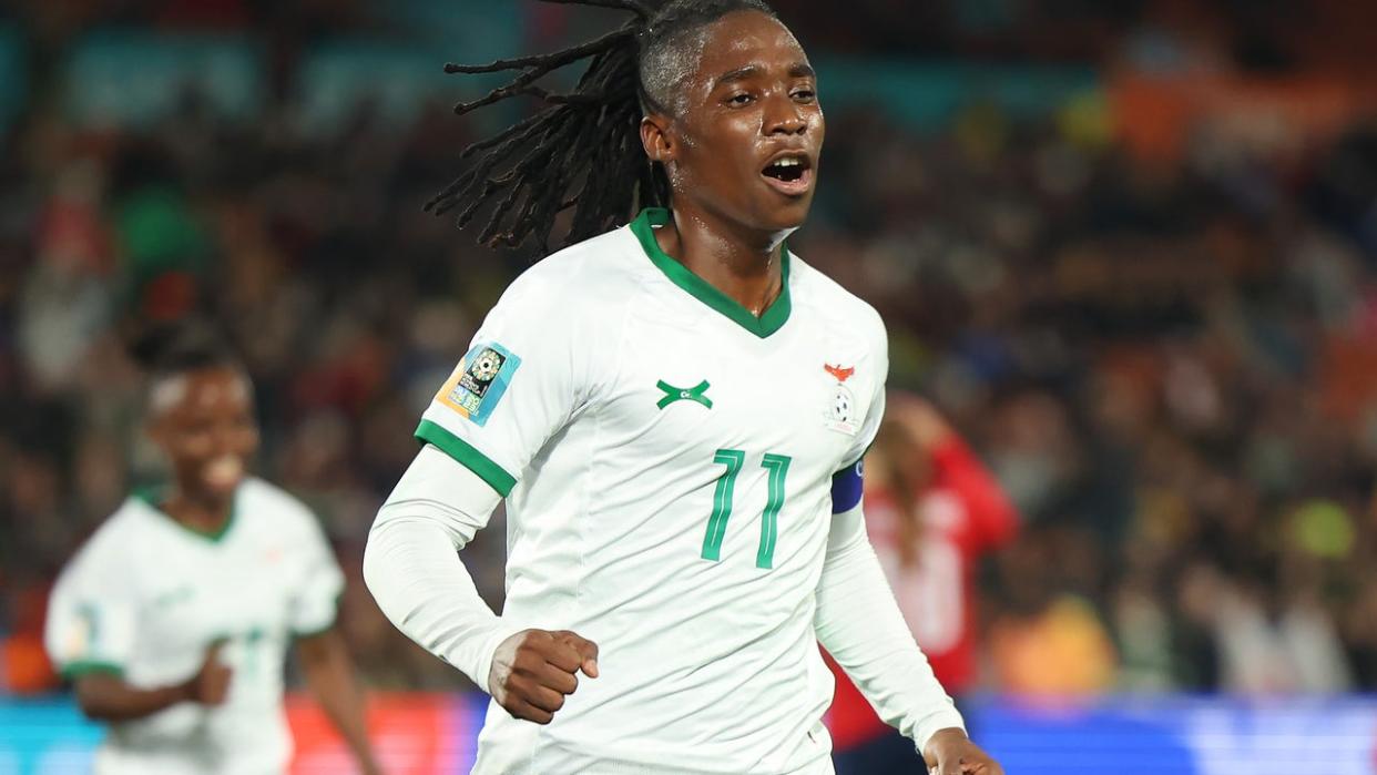 <div>HAMILTON, NEW ZEALAND - JULY 31: Barbra Banda of Zambia celebrates after scoring her team's second goal from the penalty spot during the FIFA Women's World Cup Australia & New Zealand 2023 Group C match between Costa Rica and Zambia at Waikato Stadium on July 31, 2023 in Hamilton, New Zealand. (Photo by Phil Walter/Getty Images)</div>