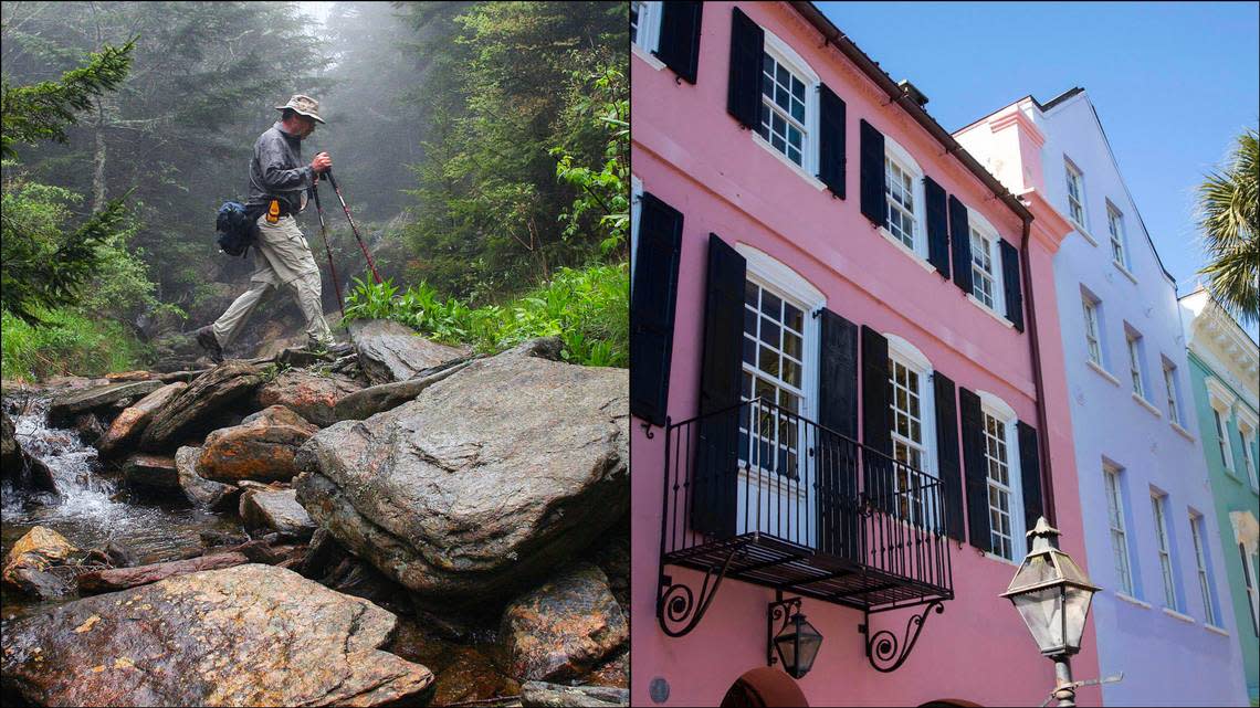 Left, hiking the Mountains-to-Sea Trail at Mt. Mitchell State Park in N.C. and right, Rainbow Row in Charleston, S.C.