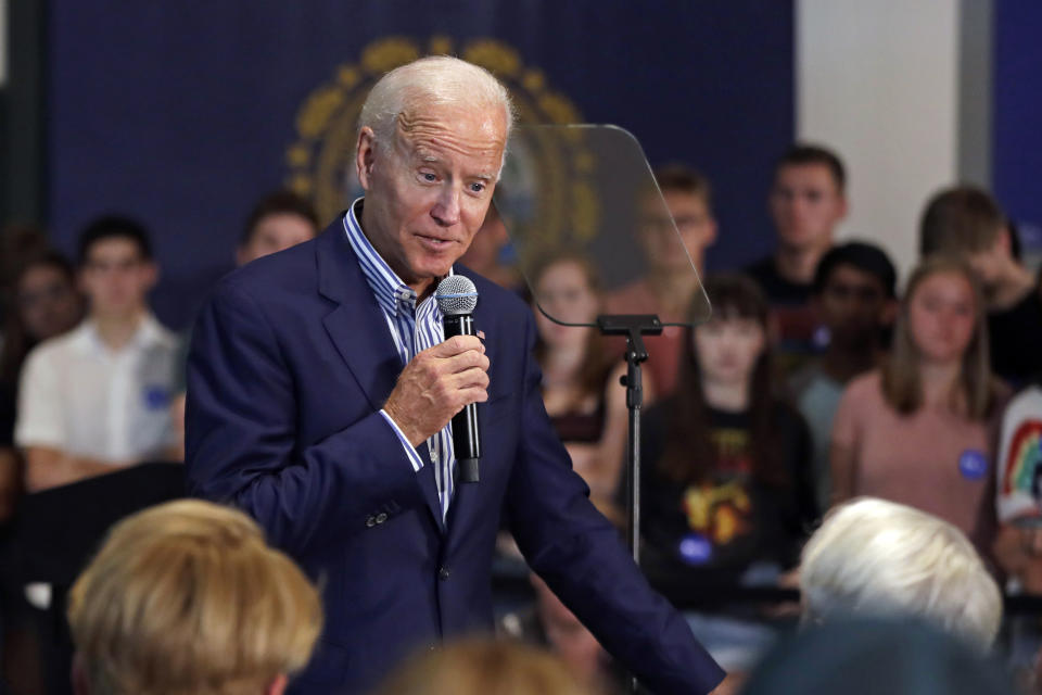 Democratic presidential candidate former Vice President Joe Biden speaks during a campaign event at Dartmouth College, Friday, Aug. 23, 2019, in Hanover, N.H. (AP Photo/Elise Amendola)