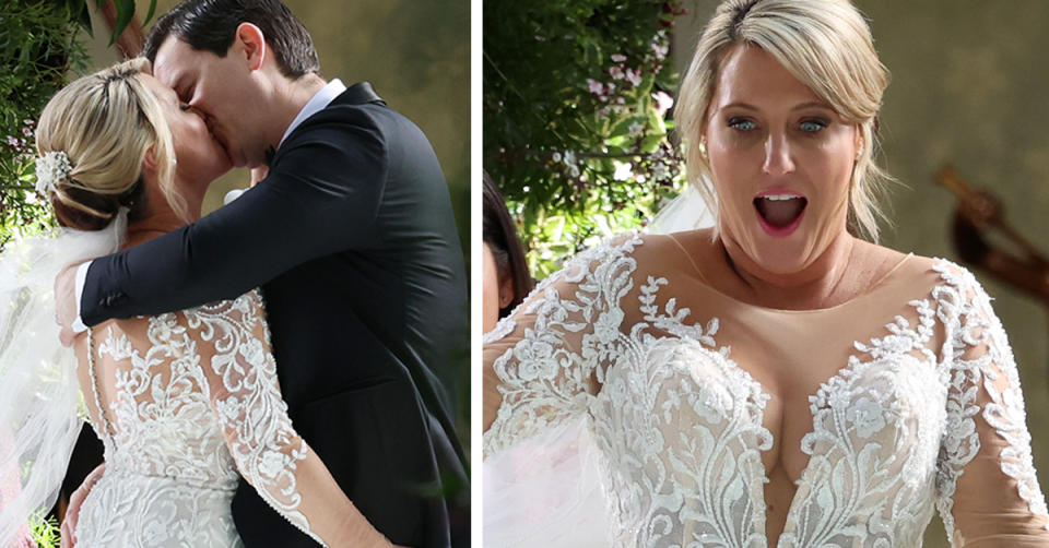 L: MAFS Josh and Melissa kiss at their wedding. R: MAFS Melissa on her wedding day