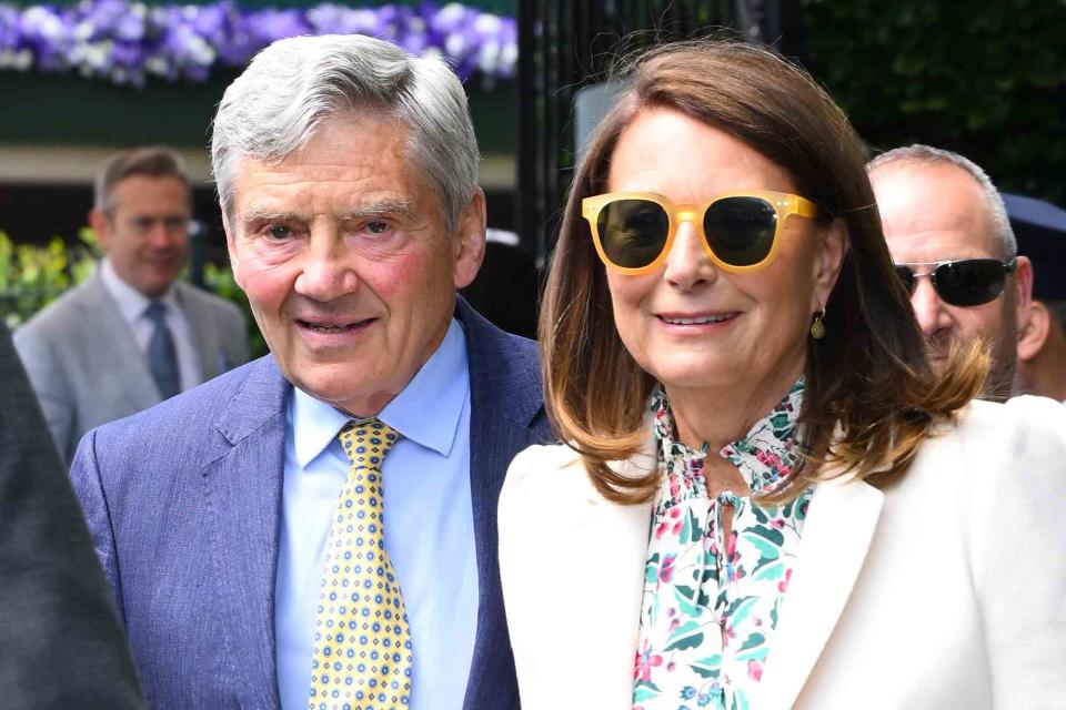 <p>Karwai Tang/WireImage</p> Michael Middleton and Carole Middleton attend day four of the Wimbledon Tennis Championships at the All England Lawn Tennis and Croquet Club on July 04, 2024 in London