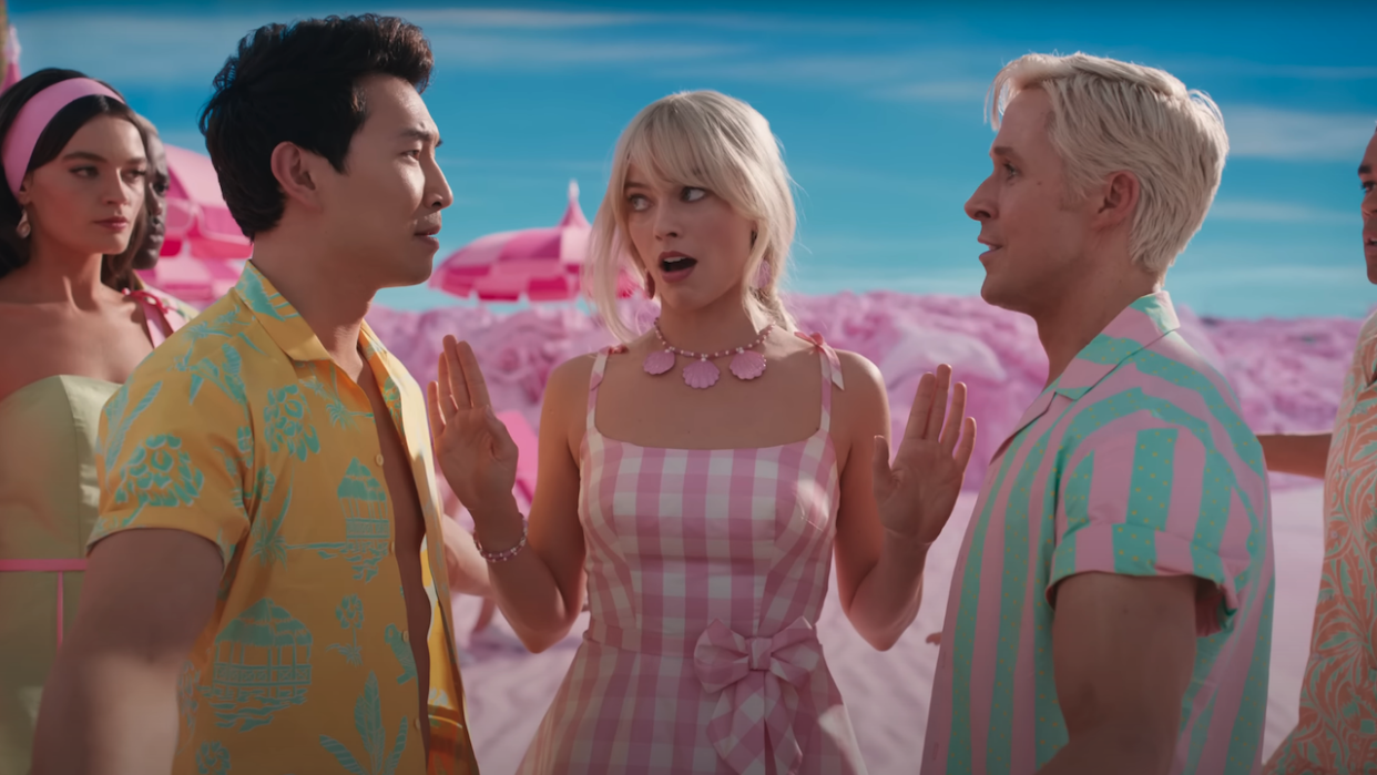  Simu Liu, Margot Robbie and Ryan Gosling in Barbie movie 