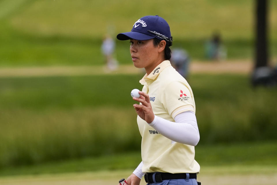 Yuka Saso, of Japan, acknowledges the crowd after birdying the 16th hole during the final round of the U.S. Women's Open golf tournament at Lancaster Country Club, Sunday, June 2, 2024, in Lancaster, Pa. (AP Photo/Matt Slocum)