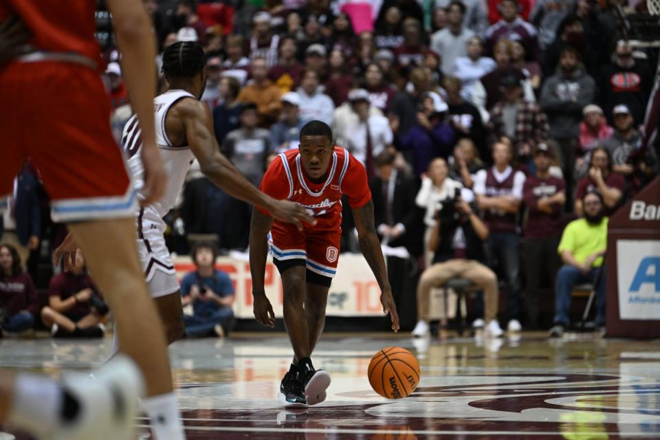 Bradley's Duke Deen looks to drive the ball against Southern Illinois in a Missouri Valley Conference men's basketball game in Carbondale on Jan. 17, 2024.